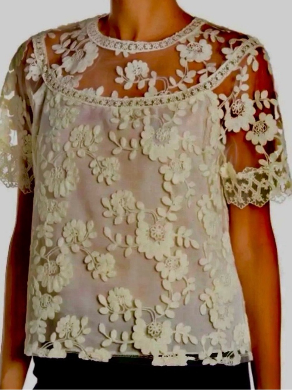 Laundry By Shelley Segal Womens Small Cream Lace Top Floral Boho Romantic Lined